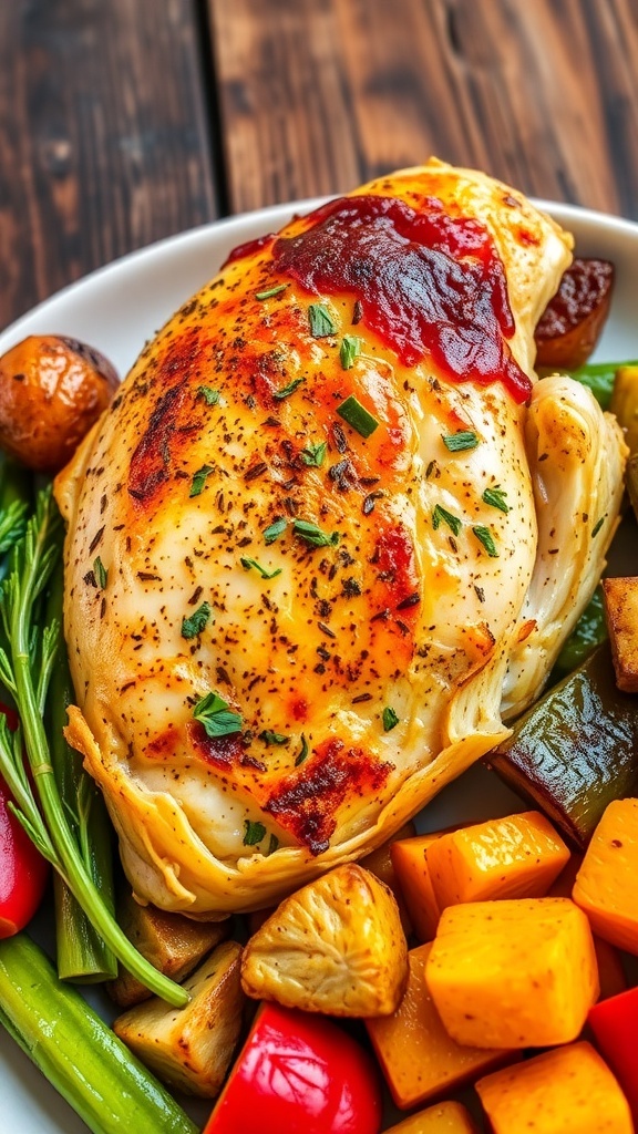 Seasoned chicken breast on a plate with fresh herbs and roasted vegetables.